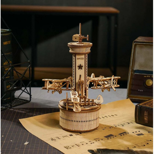 Robotime 3D Puzzle - Mehanska glasbena skrinjica ROKR Airplane Control Tower - 3D-AMK41