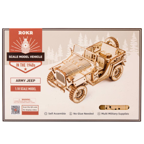 Robotime 3D Puzzle - Vojaško odprto vozilo jeep, scale model 1:18, Lesena 3D sestavljanka 3D-MC701