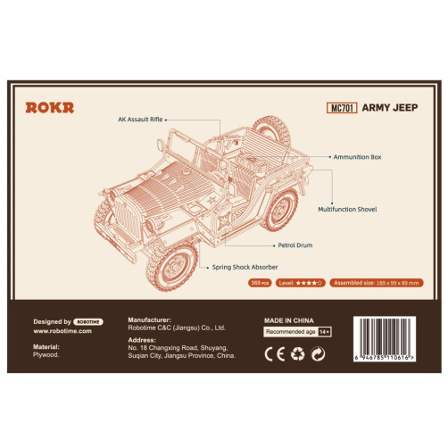 Robotime 3D Puzzle - Vojaško odprto vozilo jeep, scale model 1:18, Lesena 3D sestavljanka 3D-MC701